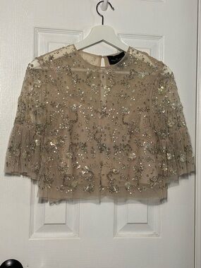 Needle & Thread Champagne Beaded Tulle Top